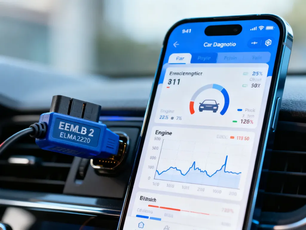 Ekran smartfona z aplikacją diagnostyczną OBD2 oraz podłączony adapter ELM327 w porcie samochodu.