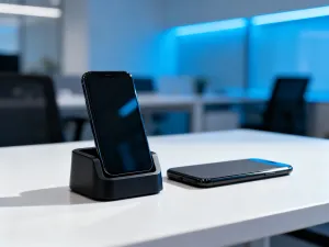 Smartfon z kroplami wody na ekranie leżący na suchej ściereczce z mikrofibry. Ilustracja do poradnika o zalaniu telefonu.