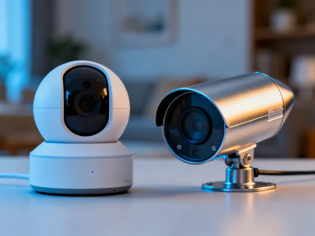 Dwie nowoczesne kamery monitoringu: kompaktowa kopułkowa do wnętrz oraz wytrzymała typu bullet do użytku zewnętrznego.