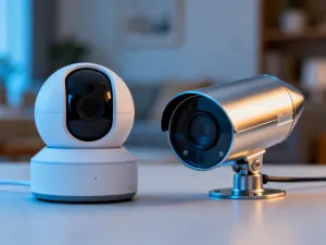 Nowoczesny hub smart home na drewnianym stole, sygnalizujący działanie delikatnym niebieskim światłem w przytulnym salonie.
