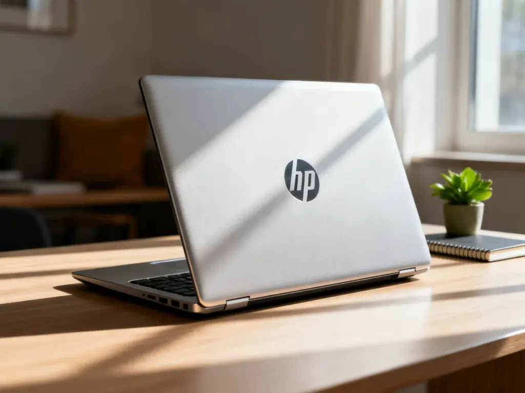Nowoczesny srebrny laptop HP na minimalistycznym biurku w jasnym domowym biurze.