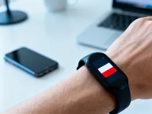 Nowoczesny telewizor na ścianie oraz smartfon na stoliku kawowym, gotowe do połączenia urządzeń.
