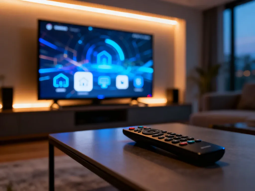 Nowoczesny salon z pilotem na pierwszym planie i włączonym telewizorem, prezentującym interfejs systemu rozrywki.