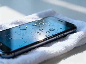 Nowoczesny smartfon z podświetlonym ekranem na drewnianym biurku, symbolizujący proces aktualizacji systemu Android.