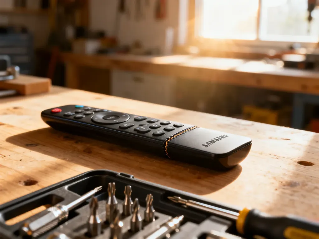 Pilot Samsung Smart Control leżący na stole warsztatowym obok zestawu precyzyjnych śrubokrętów gotowych do demontażu.