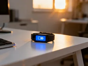 Nowoczesne słuchawki bezprzewodowe leżące na biurku obok smartfona, ilustrujące temat wyboru sprzętu audio do telefonu.