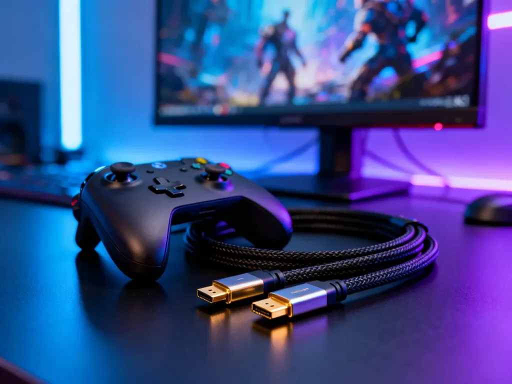 Kontroler do konsoli i kabel HDMI 2.1 ze złotymi stykami na tle monitora 4K, podkreślające jakość połączenia dla graczy.