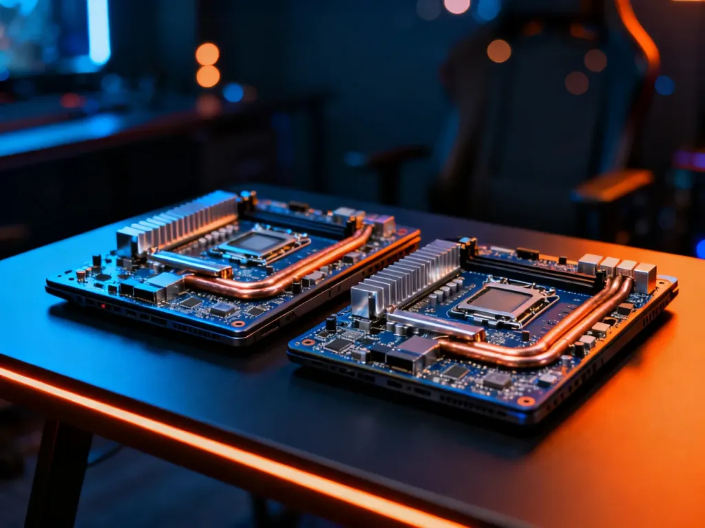 Zbliżenie na płyty główne laptopów z widocznymi układami chłodzenia, podkreślające zaawansowaną technologię podzespołów.