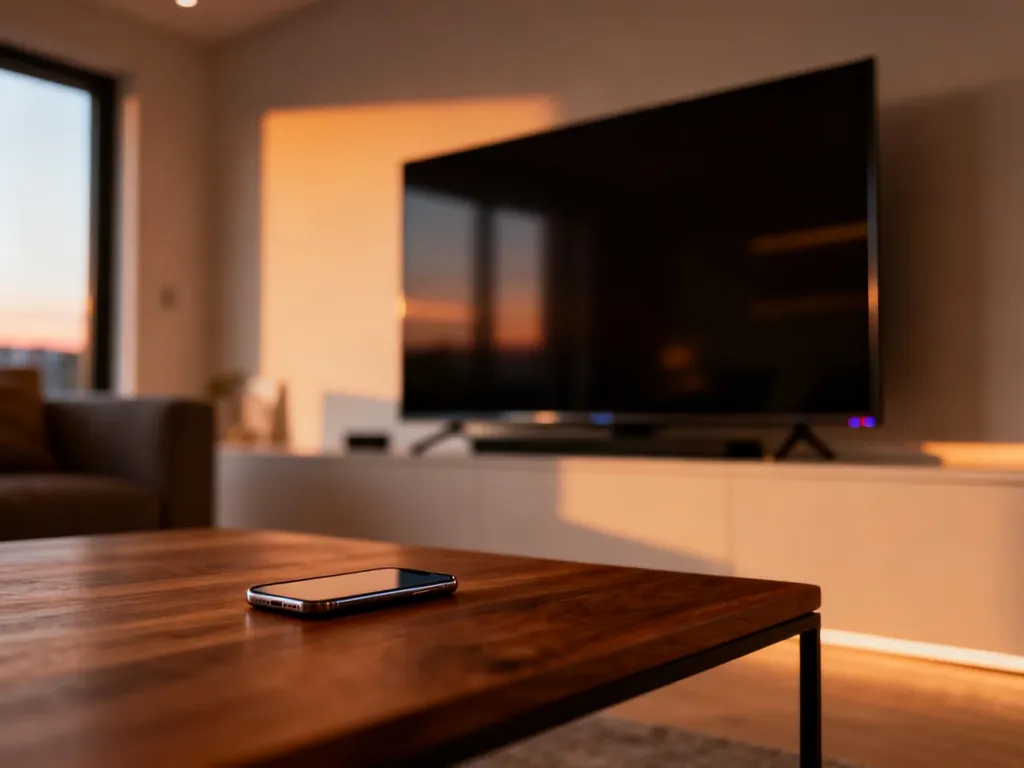 Nowoczesny telewizor na ścianie oraz smartfon na stoliku kawowym, gotowe do połączenia urządzeń.