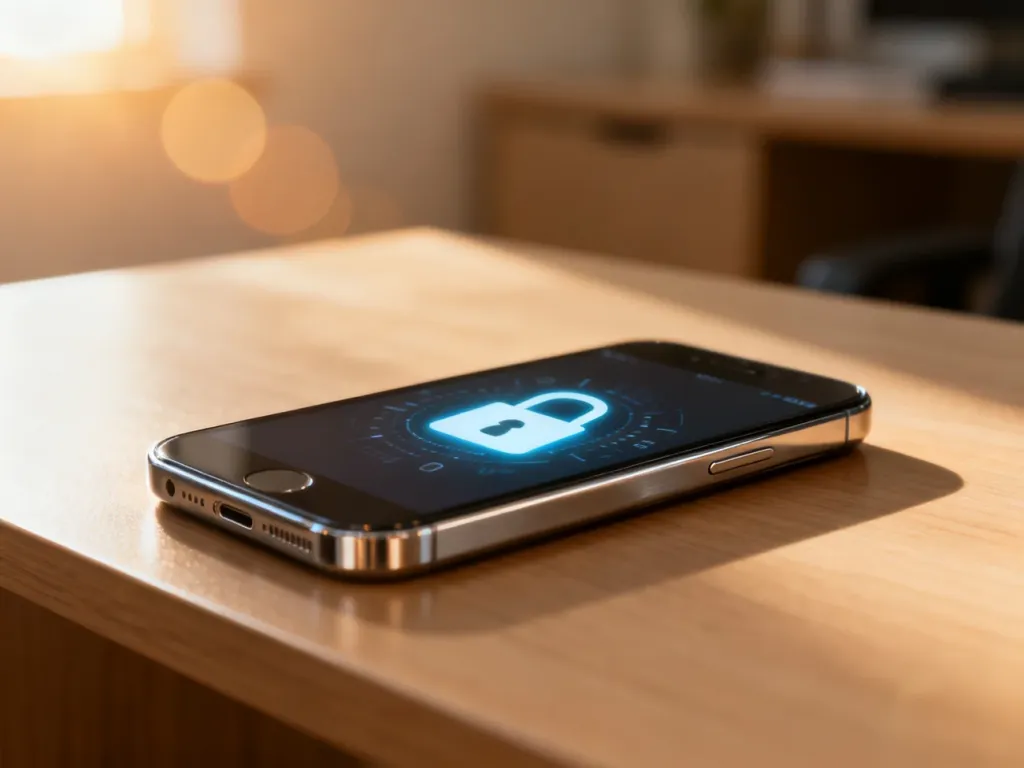 Nowoczesny smartfon z ikoną kłódki na ekranie, symbolizujący proces odblokowywania urządzenia.