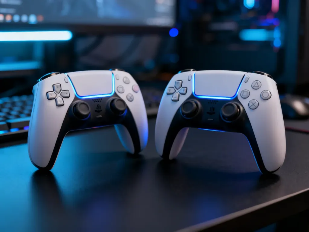 Porównanie dwóch wersji kontrolerów PS4 leżących obok siebie na biurku, ukazujące różnice w ich budowie.