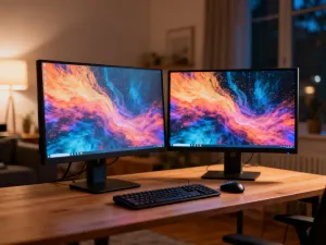 Dwa nowoczesne laptopy na drewnianym biurku, z których jeden jest otwarty, co ilustruje wybór sprzętu do pracy.