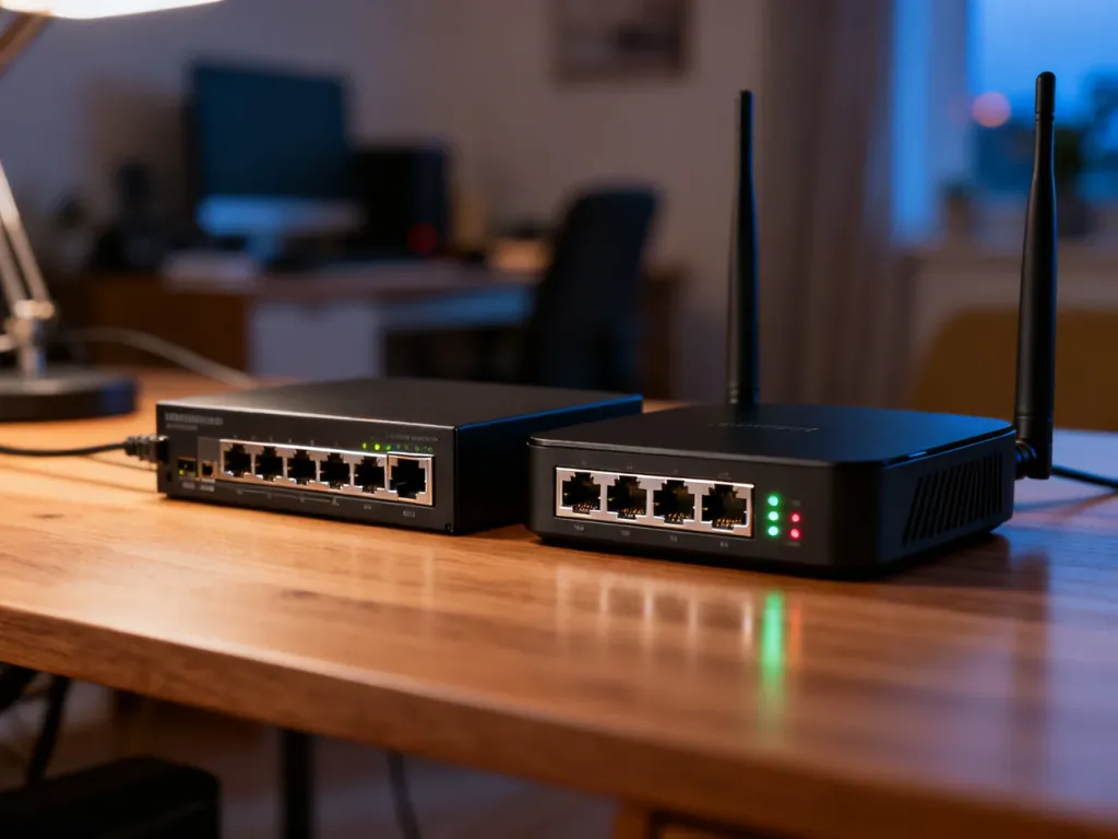 Nowoczesny przełącznik sieciowy i router bezprzewodowy ustawione obok siebie na biurku w domowym biurze.