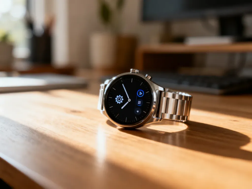 Hybrydowy smartwatch Garmin vivomove HR z widocznym menu ustawień na cyfrowym wyświetlaczu, leżący na drewnianym biurku.