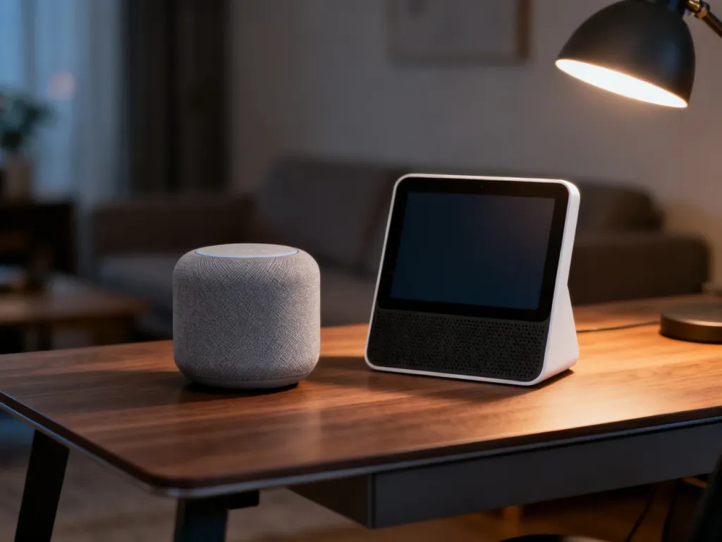 Porównanie inteligentnego głośnika Google Nest z ekranem dotykowym oraz klasycznego głośnika na drewnianym biurku.