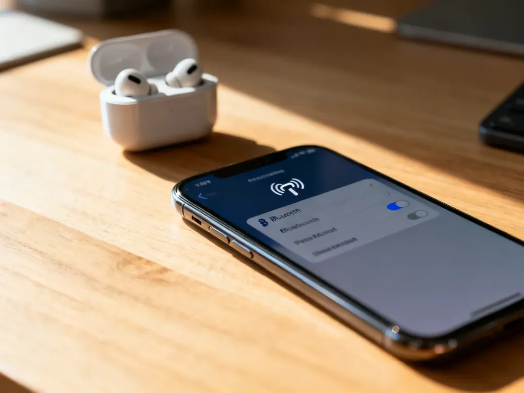 Ekran smartfona z otwartym menu Bluetooth oraz słuchawki Baseus w etui ładującym na drewnianym biurku.