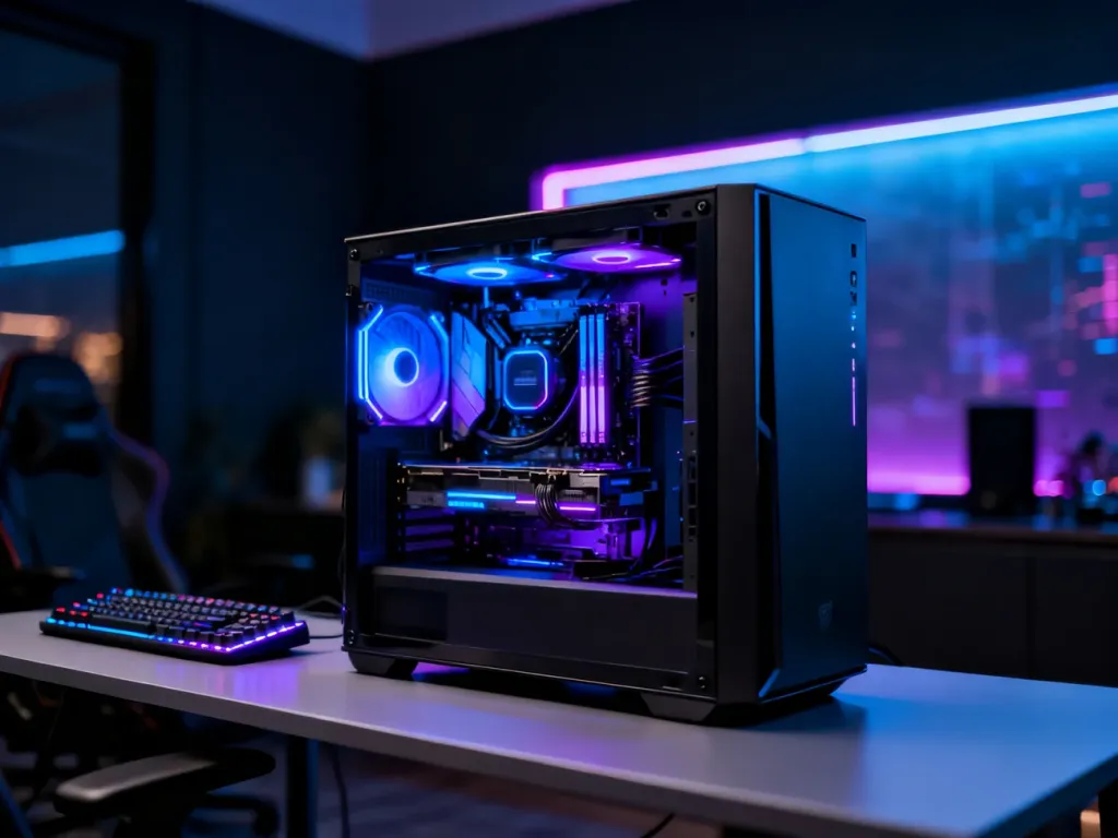 Wydajny komputer gamingowy z podświetleniem RGB na minimalistycznym biurku w nowoczesnym pokoju gracza.