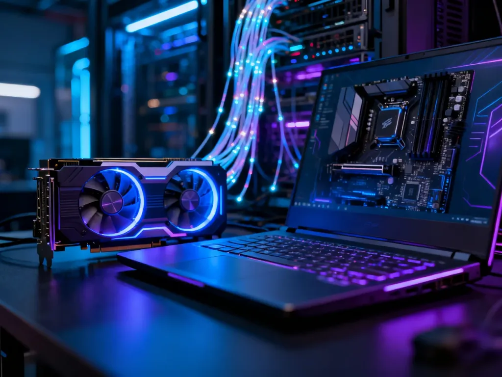 Nowoczesna karta graficzna RTX 4090 obok wydajnego laptopa gamingowego w futurystycznym, neonowym oświetleniu.