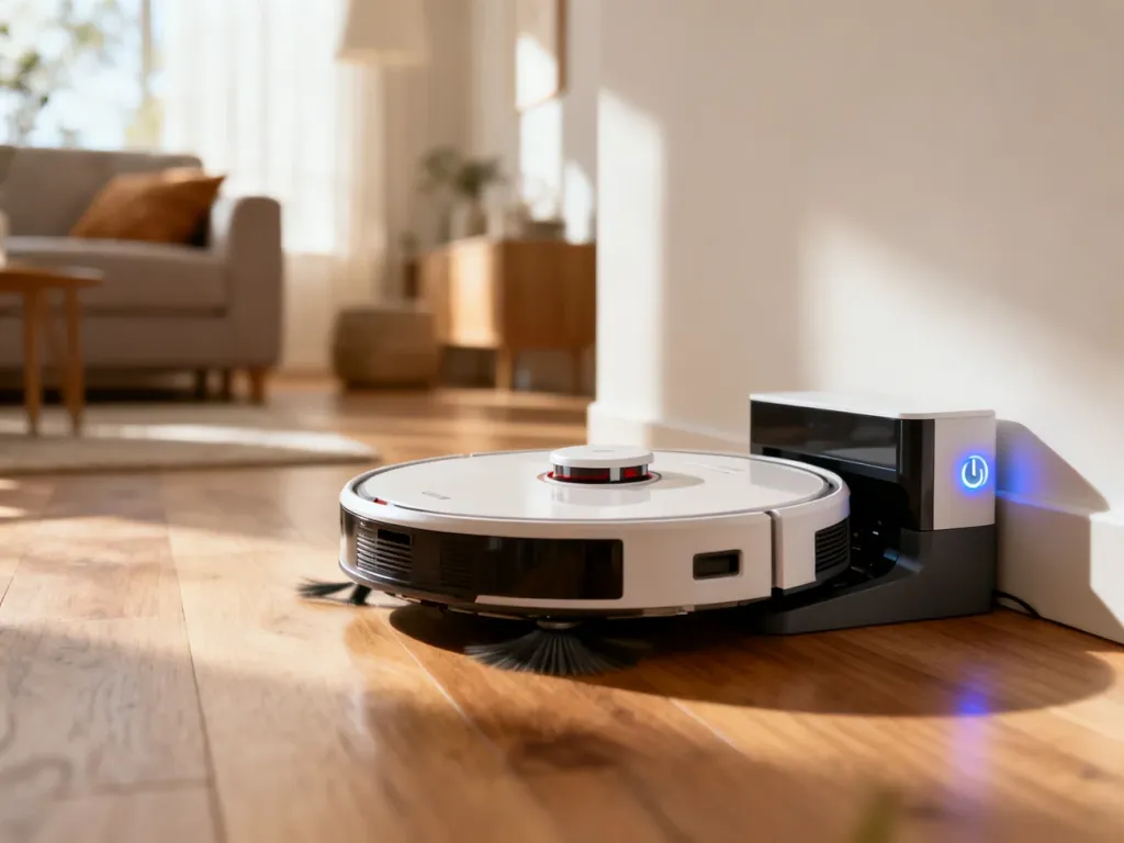 Nowoczesny robot sprzątający podłączony do stacji ładującej w przytulnym salonie, gotowy do pracy.