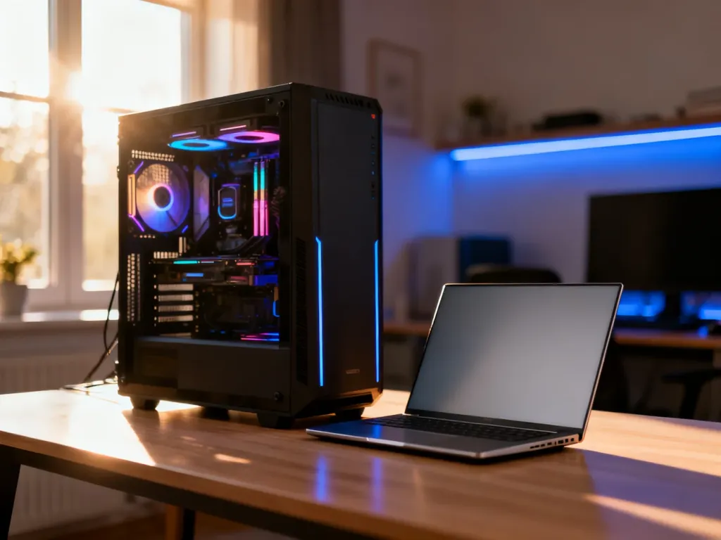 Stacjonarny komputer gamingowy i smukły laptop obok siebie na nowoczesnym biurku, prezentujące wybór między PC a laptopem.