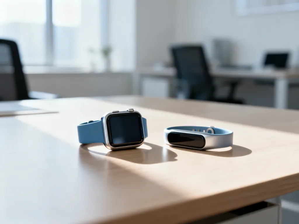Nowoczesny smartwatch i opaska sportowa leżące obok siebie na biurku, ilustrujące wybór między tymi urządzeniami.