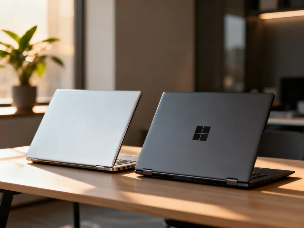 Srebrny MacBook oraz ciemnoszary ultrabook z Windowsem stojące obok siebie na minimalistycznym biurku.
