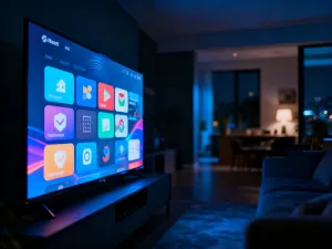 Trzy nowoczesne laptopy gamingowe ustawione obok siebie na ciemnym biurku, prezentujące wydajność i futurystyczny design.