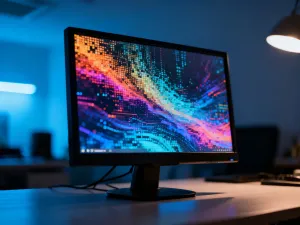Wydajny komputer gamingowy z podświetleniem RGB na minimalistycznym biurku w nowoczesnym pokoju gracza.