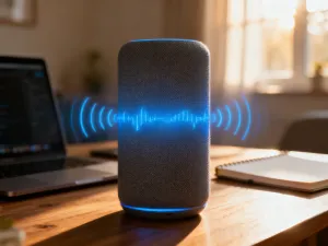 Nowoczesny smartfon na drewnianym biurku z wyświetlonym cyfrowym interfejsem aktualizacji oprogramowania.