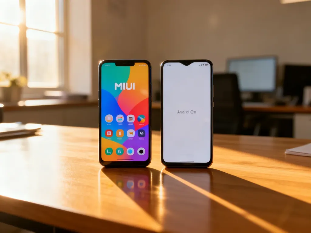 Dwa smartfony obok siebie na biurku, prezentujące różnice między kolorowym interfejsem MIUI a minimalistycznym Android One.
