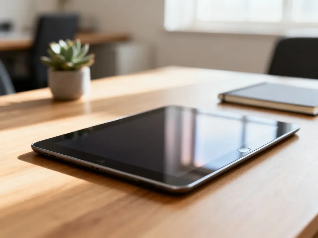 Nowoczesny tablet leżący na drewnianym biurku w jasnym, minimalistycznym biurze.