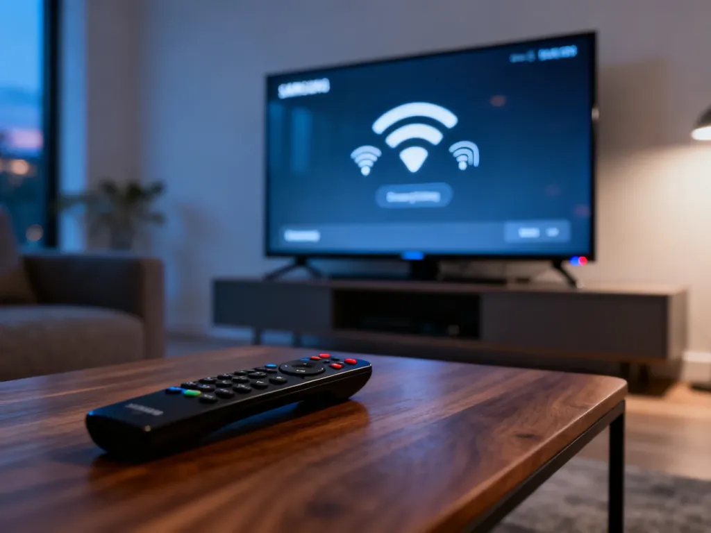 Nowoczesny telewizor Samsung z otwartym menu ustawień łączności bezprzewodowej w minimalistycznym salonie.