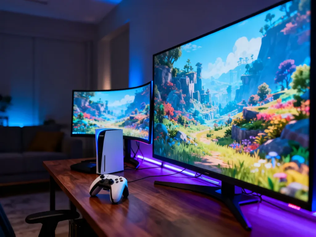 Nowoczesne stanowisko gamingowe z konsolą, zakrzywionym monitorem i telewizorem 4K w nastrojowym oświetleniu LED.