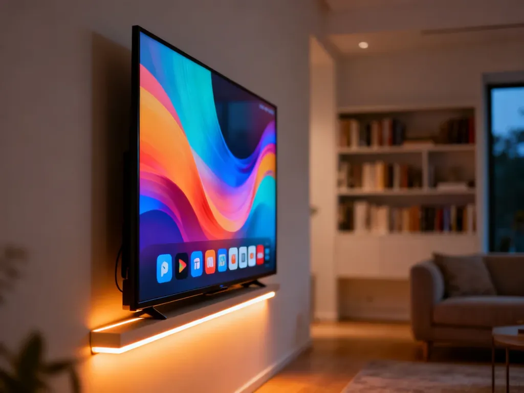 Nowoczesny telewizor Smart TV z kolorowym interfejsem aplikacji zawieszony na ścianie w przytulnym salonie wieczorową porą.