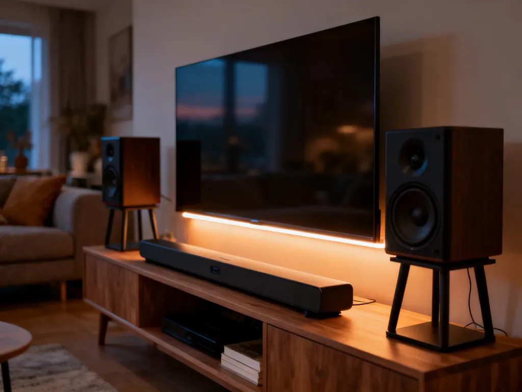 Nowoczesny zestaw kina domowego z soundbarem i głośnikami podstawkowymi w przytulnym salonie.