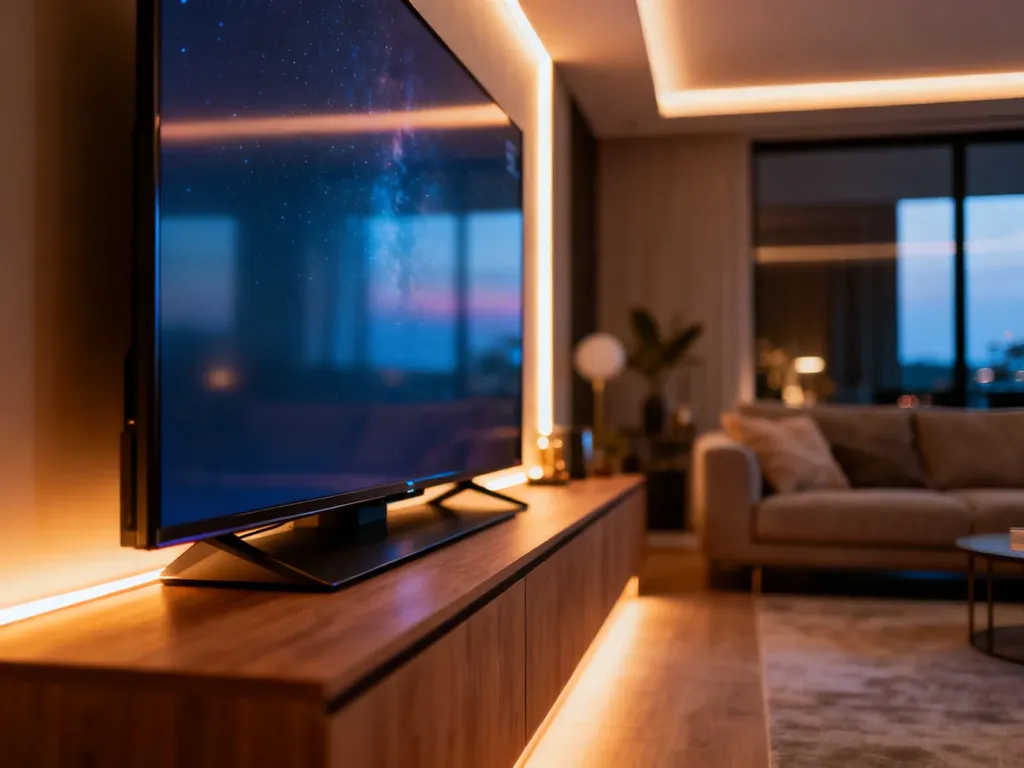 Nowoczesny salon z dużym telewizorem 8K zamontowanym na drewnianej ścianie, tworzący kinową atmosferę w domu.