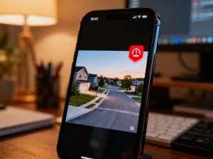 Nowoczesny smartwatch dla seniora z czytelnym interfejsem i funkcją pomiaru tętna, leżący na drewnianym stoliku nocnym.