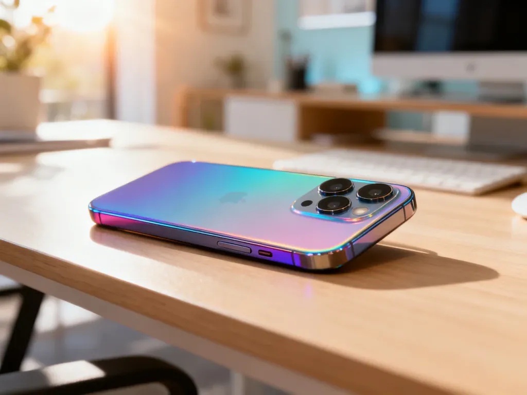 Nowoczesny smartfon Samsung leżący na minimalistycznym drewnianym biurku w jasnym domowym biurze.