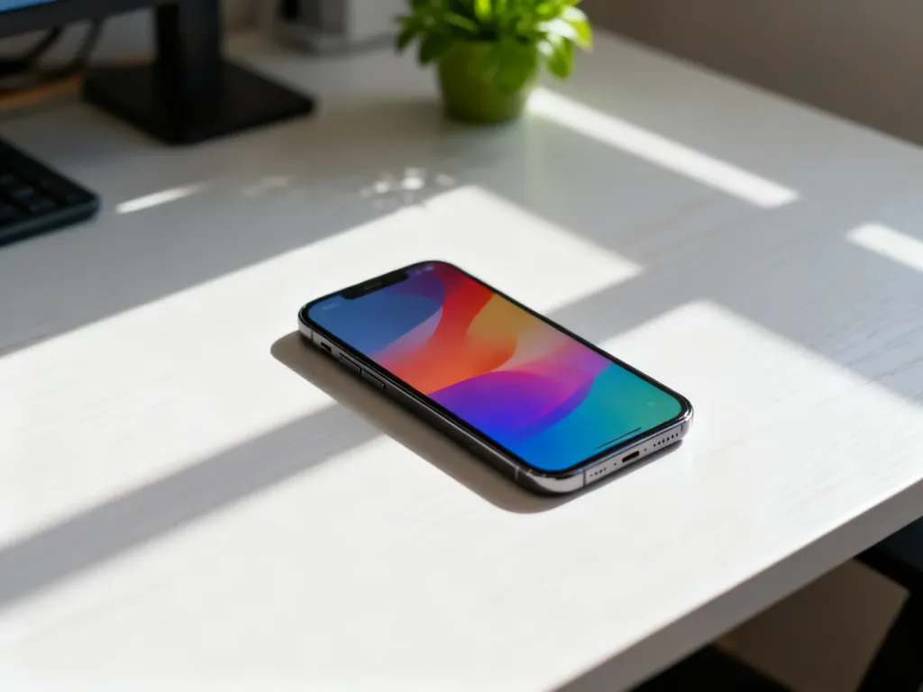 Nowoczesny smartfon z kolorową tapetą leżący na minimalistycznym biurku, symbolizujący najnowsze aktualizacje systemu iOS.