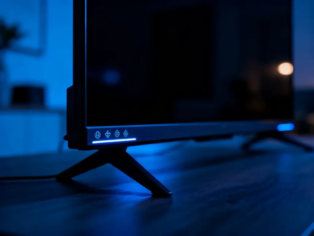 Nowoczesny telewizor z wyłączonym podświetleniem Ambilight w przyciemnionym salonie.