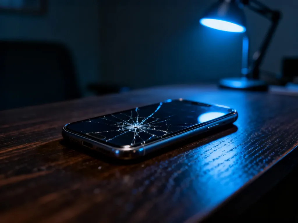 Nowoczesny smartfon z rozbitym ekranem leżący na ciemnym biurku, symbolizujący utratę urządzenia i sytuację awaryjną.