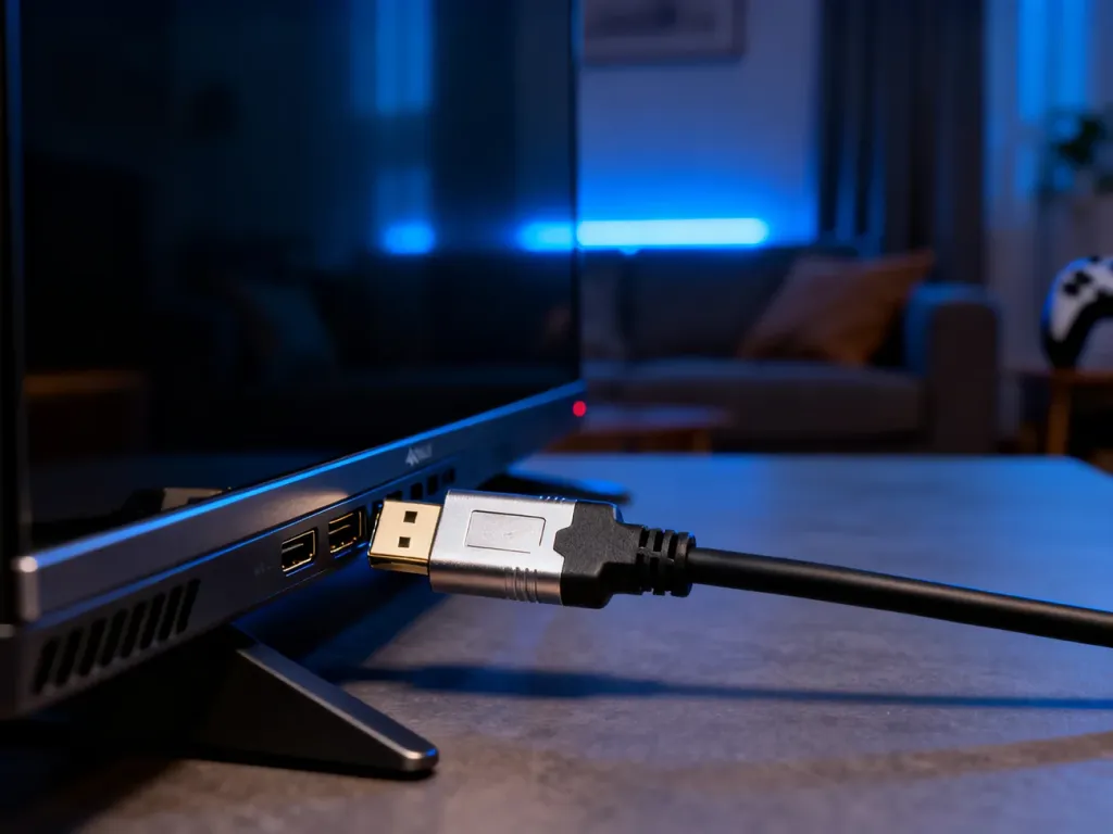 Kabel HDMI wpinany do portu nowoczesnego telewizora 4K w przytulnym salonie z niebieskim podświetleniem.